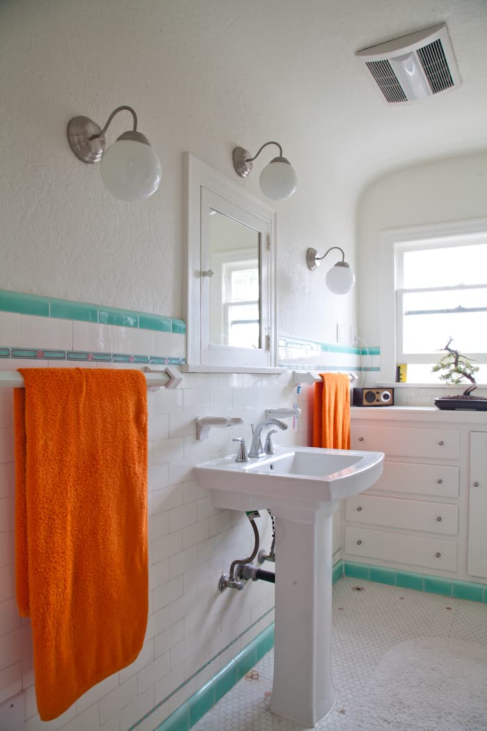 navy and orange bathroom accessories